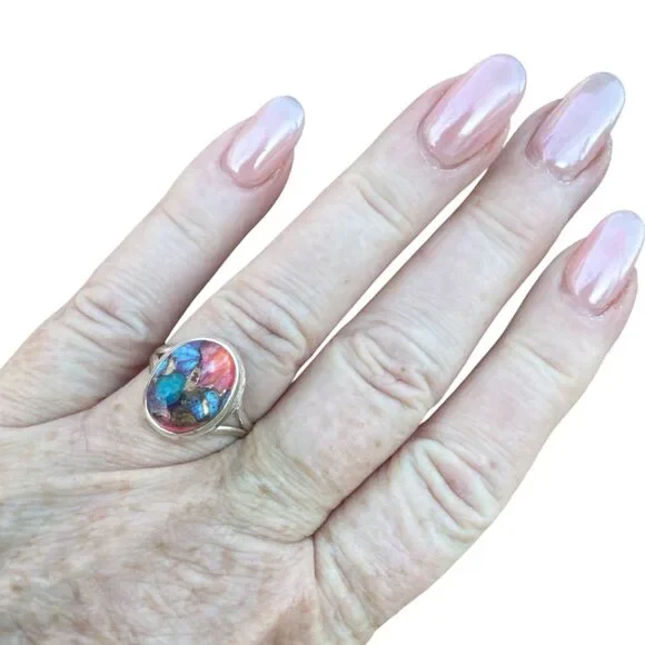 Kingman Pink Dahlia Turquoise Solid 925 Sterling Silver Ring 7.5 - Picture 3 of 3